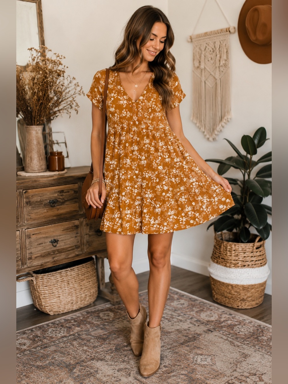 Knox Rose XS Mustard Floral Boho Babydoll Dress Crinkle Rayon Cottagecore